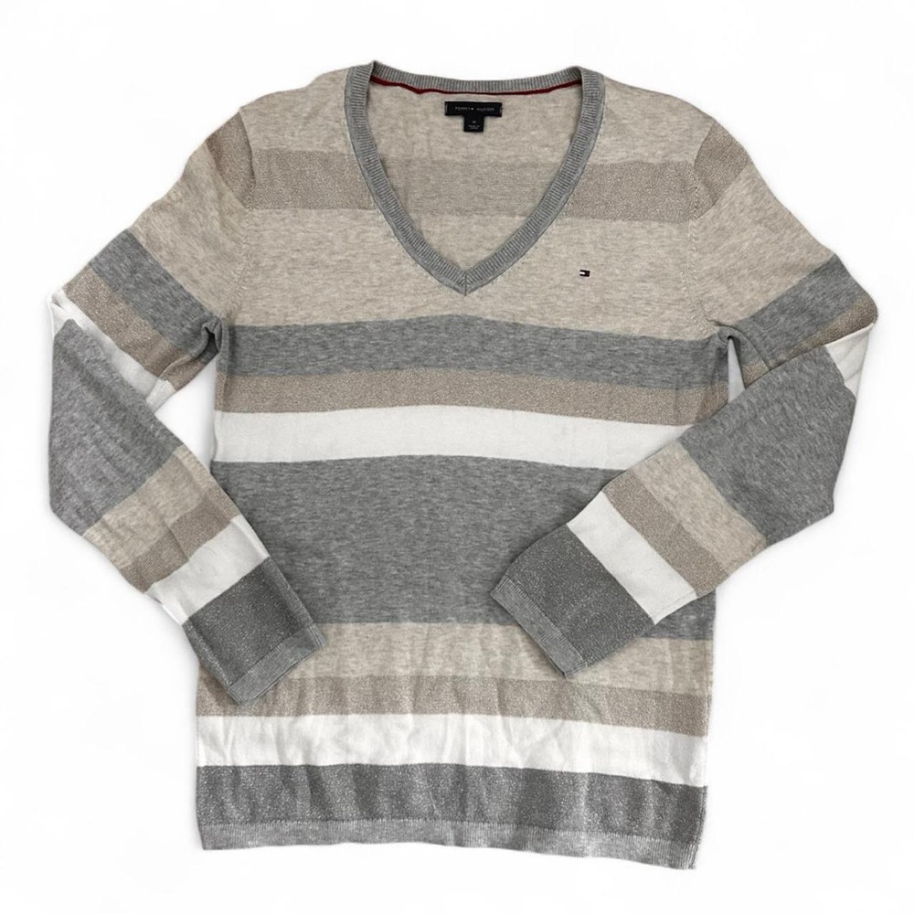 Tommy Hilfiger Women's Striped V-Neck Sweater - Gray, White, Tan